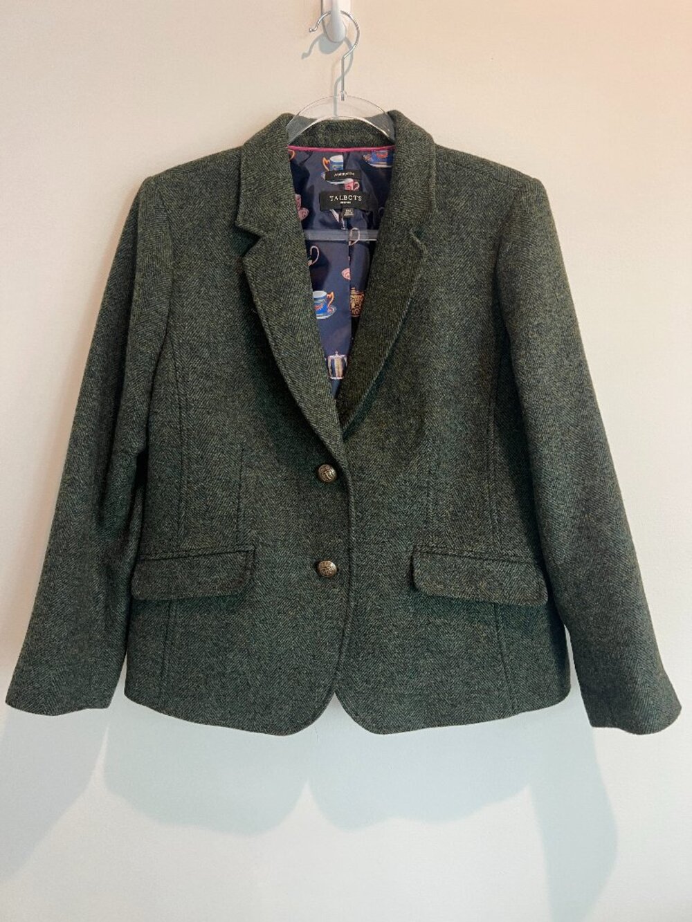 Talbots Aberdeen Wool Blazer Green Herringbone Tweed 14P NWOT